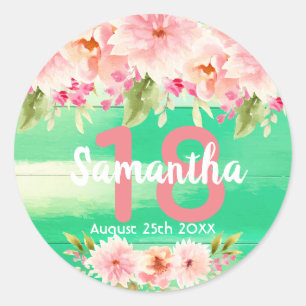 18th birthday party coral dahlia flowers green classic round sticker