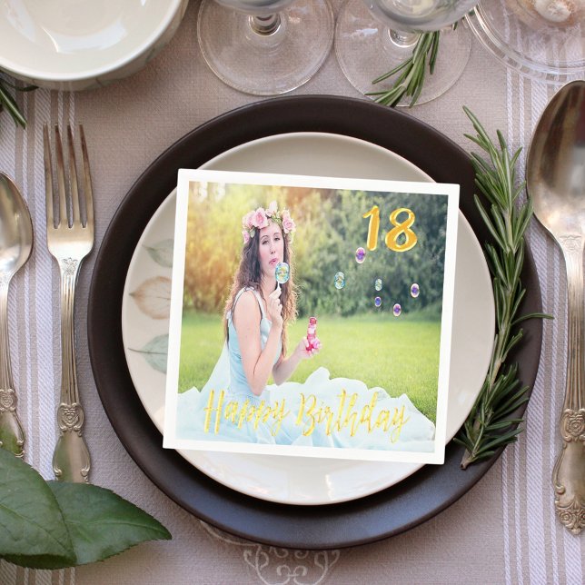 18th birthday party custom photo faux gold script napkin (Creator Uploaded)