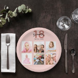 18th birthday party custom photo rose gold pink paper plate<br><div class="desc">For a 18th birthday party, celebrating her life with a collage of 6 of your own photos. Personalise and add a name, age 18 and a date. Date of birth or the date of the party. Dark rose gold and black coloured letters. A trendy rose gold, blush pink coloured background....</div>