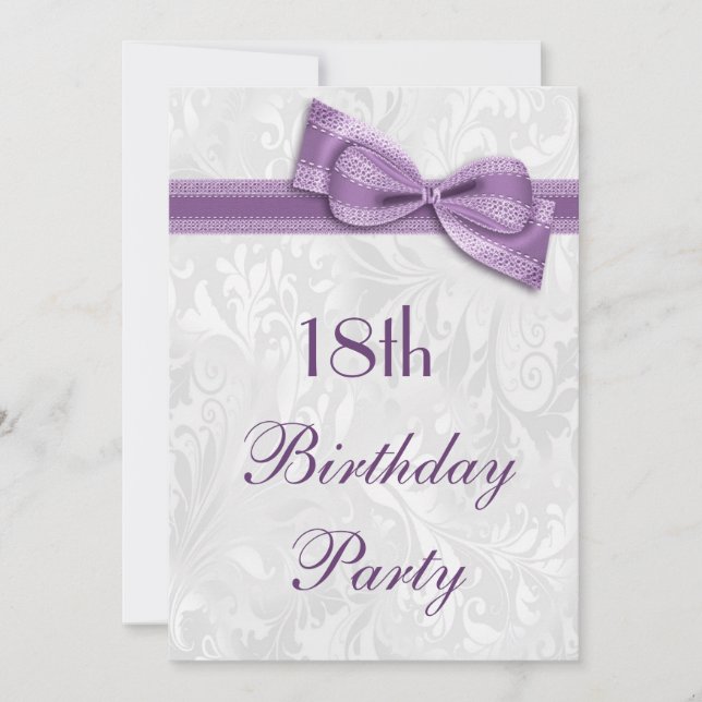 18th Birthday Party Damask and Faux Bow Invitation (Front)