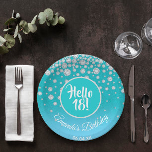 18th birthday party diamonds teal blue glitter paper plate