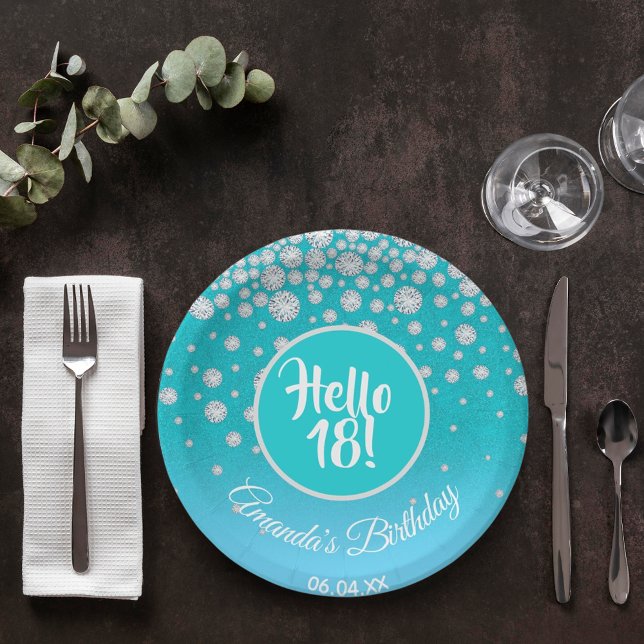18th birthday party diamonds teal blue glitter paper plate (Creator Uploaded)