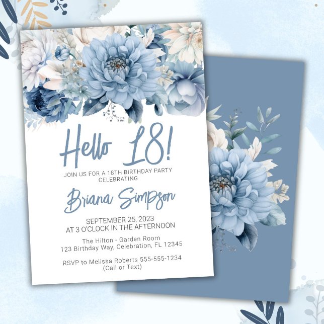 18th Birthday Party Dusty Blue Floral Invitation (Creator Uploaded)