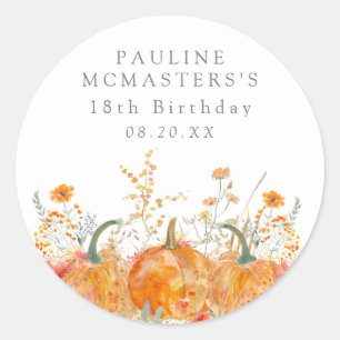18th Birthday Party Fall Pumpkin Wildflower Custom Classic Round Sticker