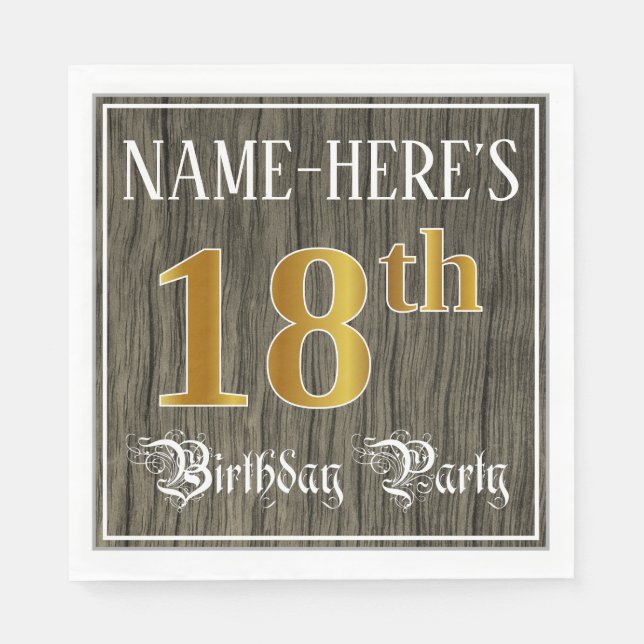 18th Birthday Party — Faux Gold & Faux Wood Looks Napkin (Front)