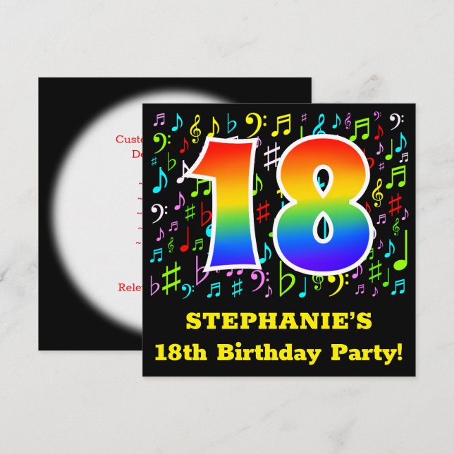 18th Birthday Party: Fun Music Symbols, Rainbow 18 Invitation (Front/Back)