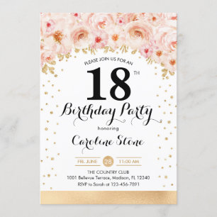 18th Birthday Party - Gold Flowers Invitation