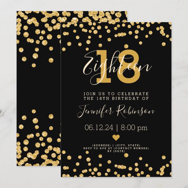 18th Birthday Party Gold Glam Glitter Lights Black Invitation (Front/Back)
