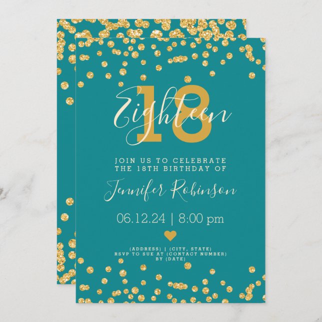 18th Birthday Party Gold Glam Glitter Lights Teal  Invitation (Front/Back)