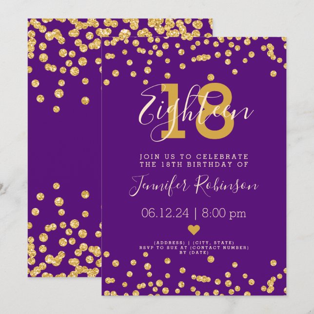 18th Birthday Party Gold Glitter Lights Purple  Invitation (Front/Back)