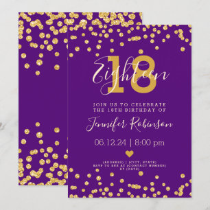 18th Birthday Party Gold Glitter Lights Purple  Invitation