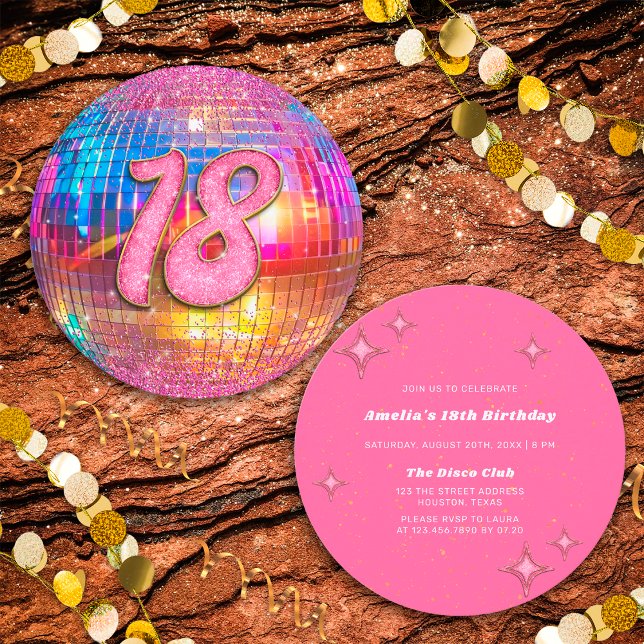 18th Birthday Party Gold Pink Glitter Disco Ball Invitation (Front/Back)