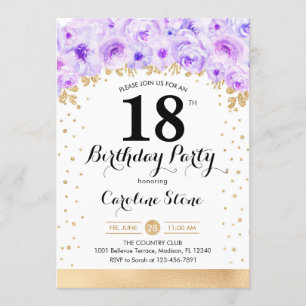 18th Birthday Party - Gold Purple Flowers Invitation