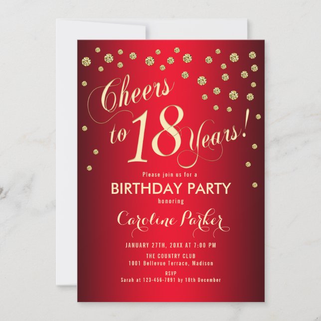 18th Birthday Party - Gold Red Invitation (Front)