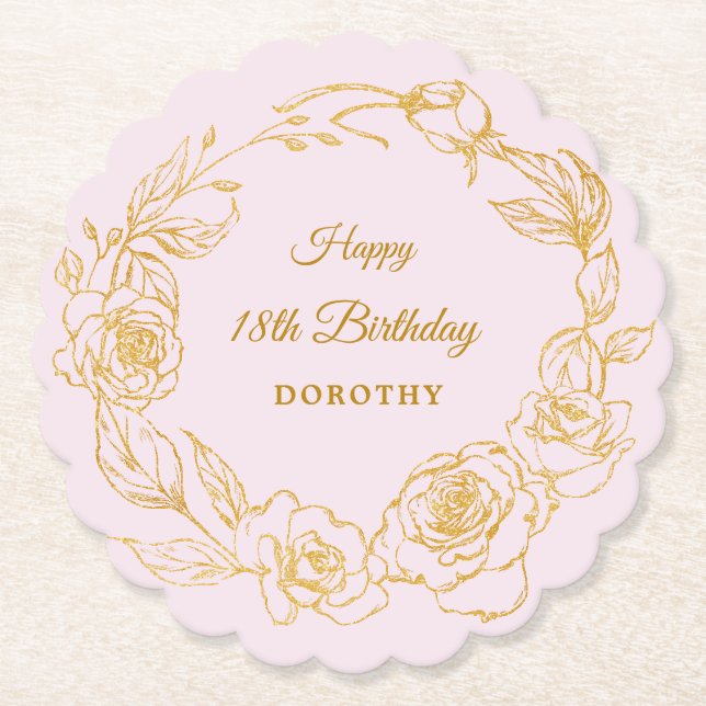 18th Birthday Party Gold Rose Blush Pink Paper Coaster (Front)