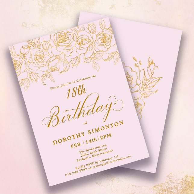 18th Birthday Party Gold Rose Floral Blush Pink Invitation (Creator Uploaded)