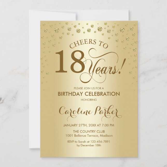 18th Birthday Party Invitation - Gold (Front)
