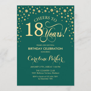 18th Birthday Party Invitation - Gold Green