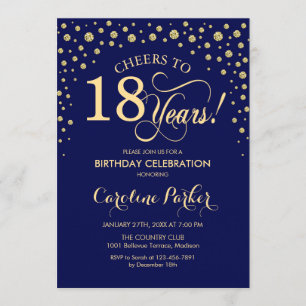 18th Birthday Party Invitation - Gold Navy Blue
