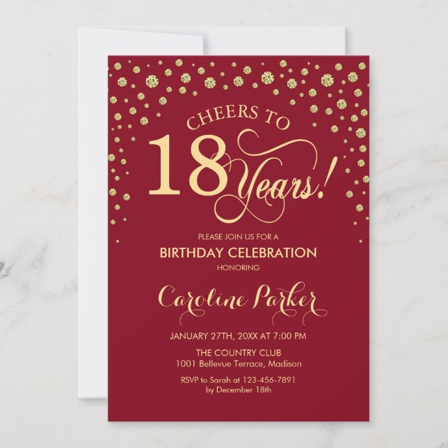 18th Birthday Party Invitation - Gold Red (Front)