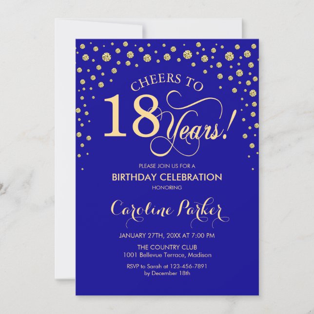 18th Birthday Party Invitation - Gold Royal Blue (Front)