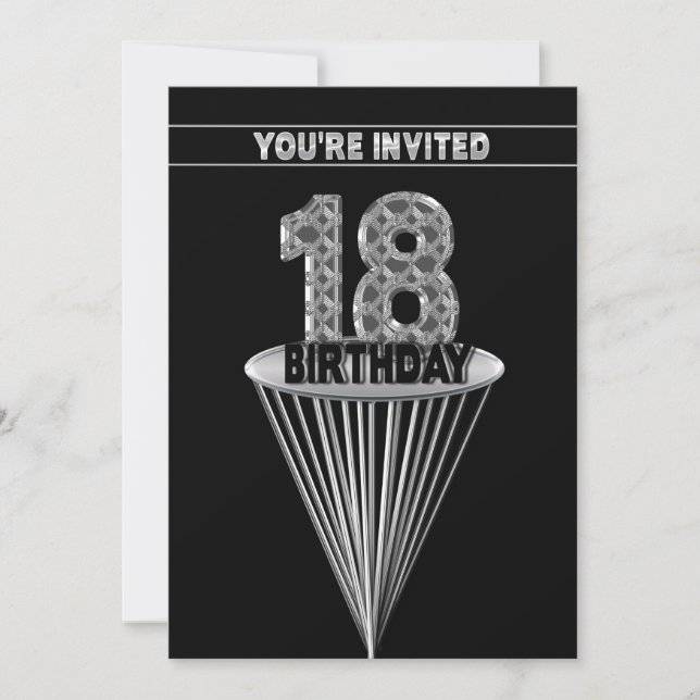 18TH Birthday Party Invitation - Silver and Black, (Front)