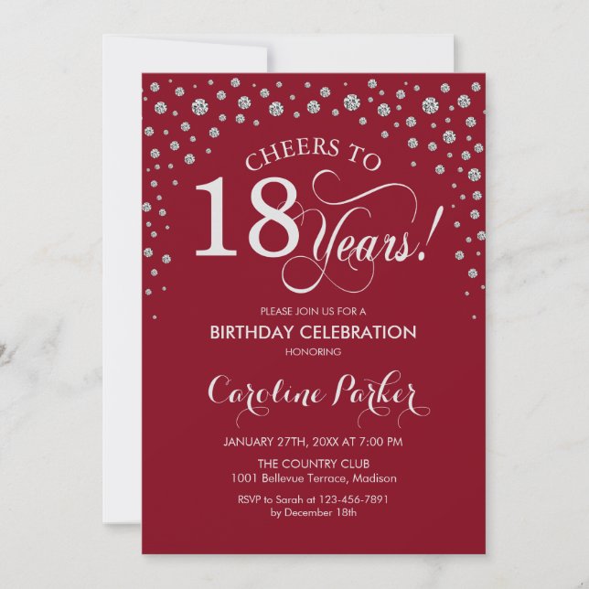 18th Birthday Party Invitation - Silver Red (Front)