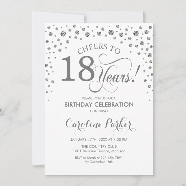 18th Birthday Party Invitation - Silver White (Front)