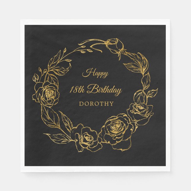 18th Birthday Party Luxe Gold Rose Black Cocktail Napkin (Front)