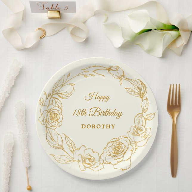 18th Birthday Party Luxe Gold Rose Floral Ivory Paper Plate (Wedding)