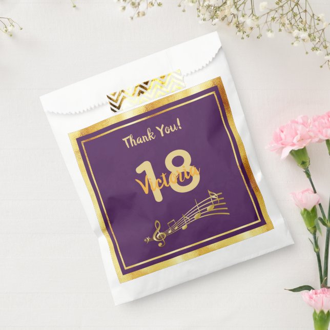 18th birthday party music notes purple gold name favour bags (Sealed)