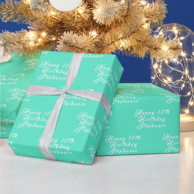 18th Birthday Party Name Teal Aqua Turquoise  Wrapping Paper (Holidays)