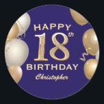 18th Birthday Party Navy Blue and Gold Balloons Classic Round Sticker<br><div class="desc">18th Birthday Party Navy Blue and Gold Balloons and Confetti Sticker. For further customisation,  please click the "Customise it" button and use our design tool to modify this template.</div>