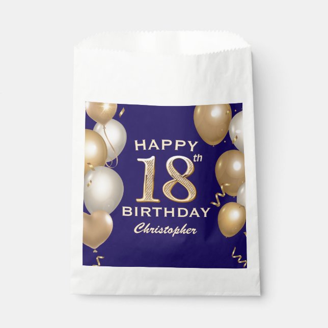 18th Birthday Party Navy Blue and Gold Balloons Favour Bags (Front)