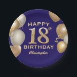 18th Birthday Party Navy Blue and Gold Balloons Paper Plate<br><div class="desc">18th Birthday Party Navy Blue and Gold Balloons and Confetti Paper Plates. For further customisation,  please click the "Customise it" button and use our design tool to modify this template.</div>