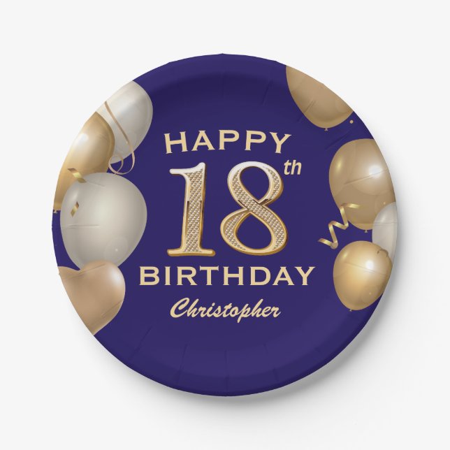 18th Birthday Party Navy Blue and Gold Balloons Paper Plate (Front)