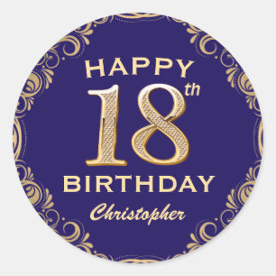 18th Birthday Party Navy Blue and Gold Glitter Classic Round Sticker