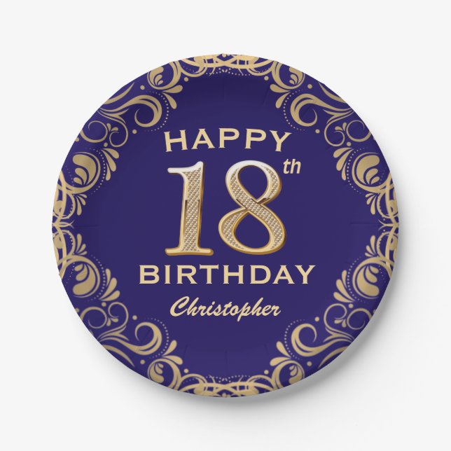 18th Birthday Party Navy Blue and Gold Glitter Paper Plate (Front)
