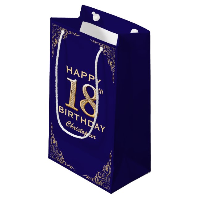 18th Birthday Party Navy Blue and Gold Glitter Small Gift Bag (Front Angled)