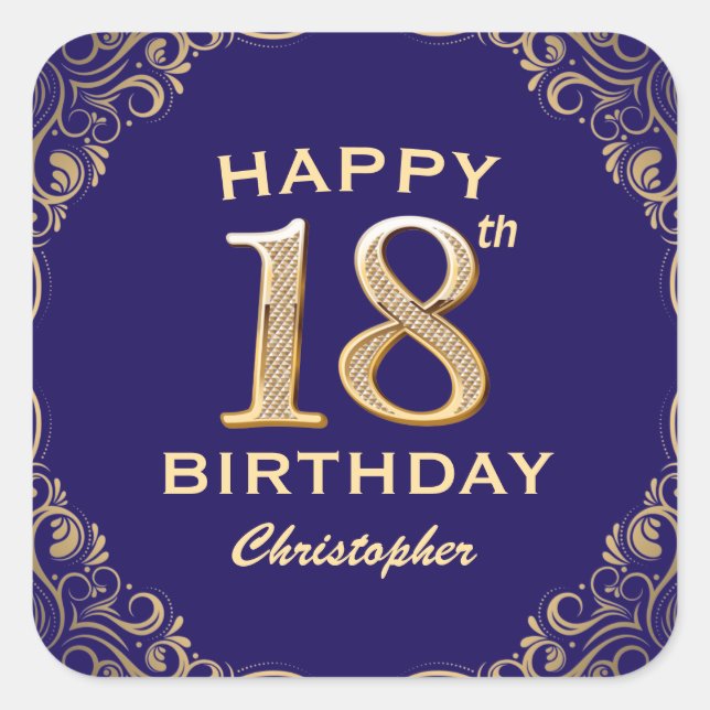 18th Birthday Party Navy Blue and Gold Glitter Square Sticker (Front)