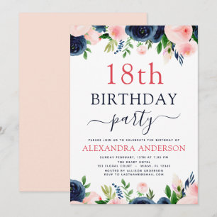 18th Birthday Party Navy Blue Blush Pink Floral Invitation