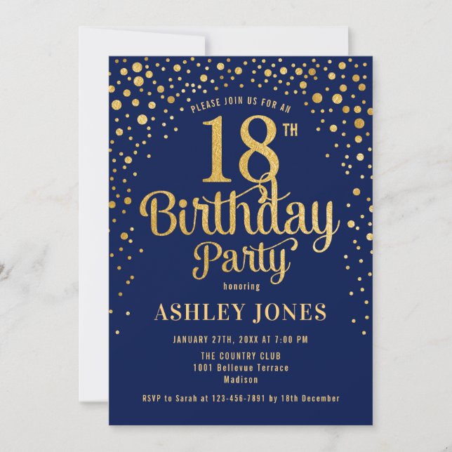 18th Birthday Party - Navy & Gold Invitation (Front)