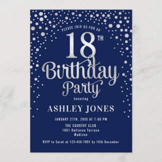 18th Birthday Party - Navy & Silver Invitation