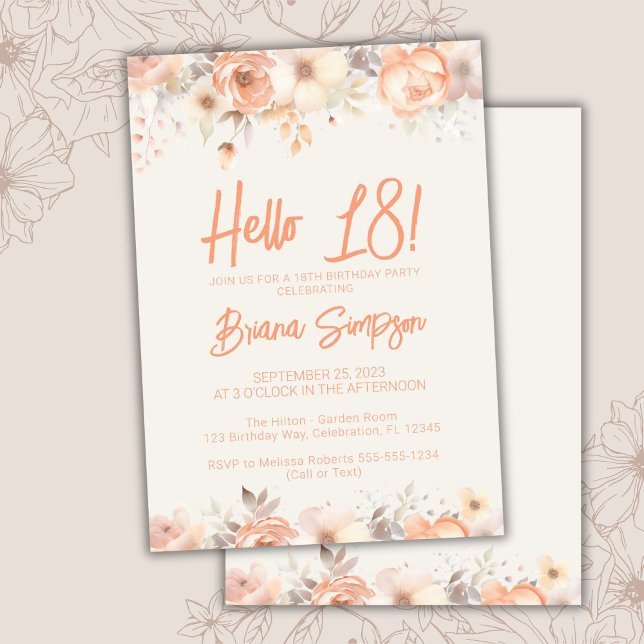18th Birthday Party Peach Beige Ivory Floral Invitation (Creator Uploaded)
