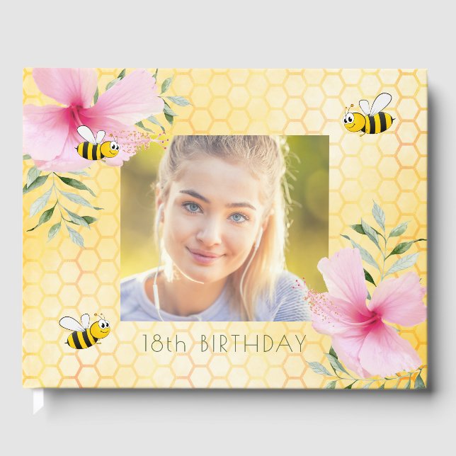 18th birthday party photo bees honeycomb pink guest book (Front)