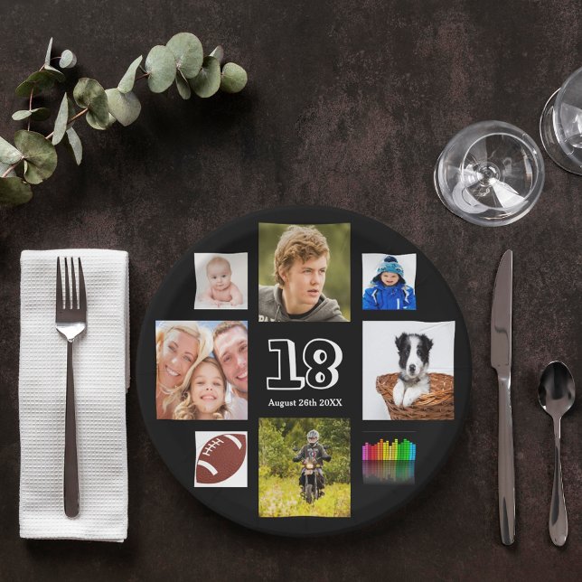 18th birthday party photo collage boy black paper plate (Creator Uploaded)