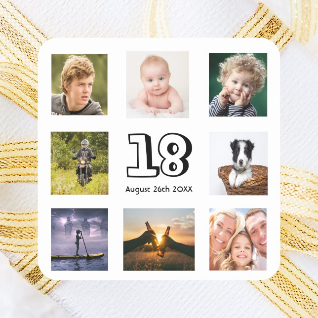 18th birthday party photo collage boy square sticker (Creator Uploaded)