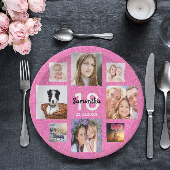 18th birthday party photo collage pink glitter paper plate (Creator Uploaded)