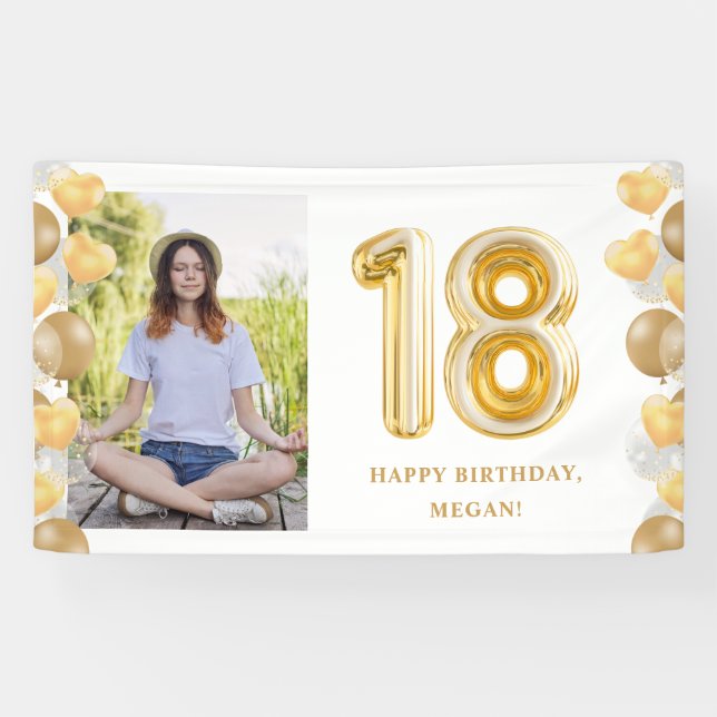 18th Birthday Party Photo Gold Balloons Banner (Horizontal)