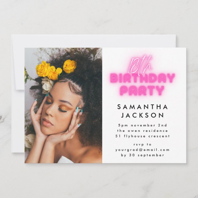 18th Birthday Party Photo Pink Neon Lumo Lights Invitation (Front)